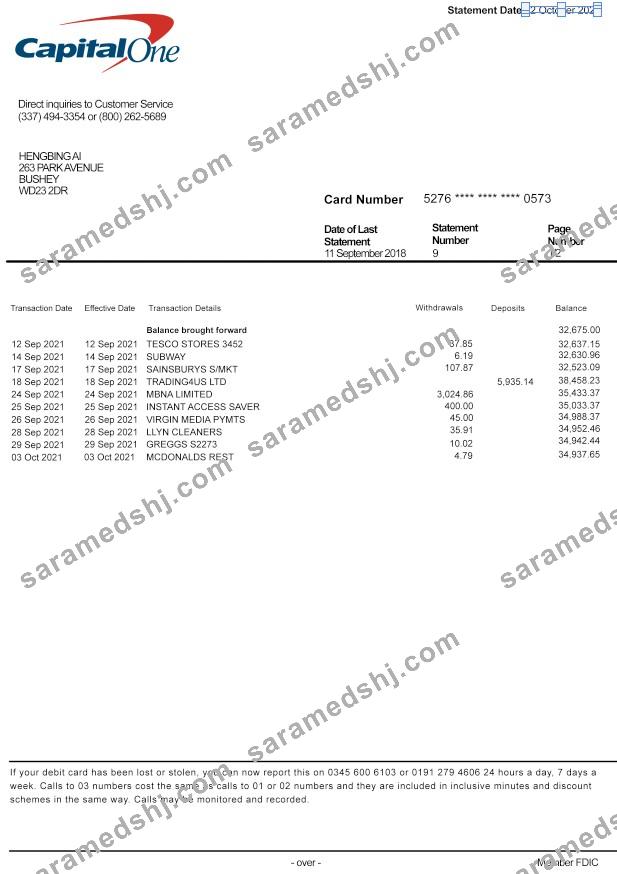 USA Capital One bank statement template PSD format, version 2